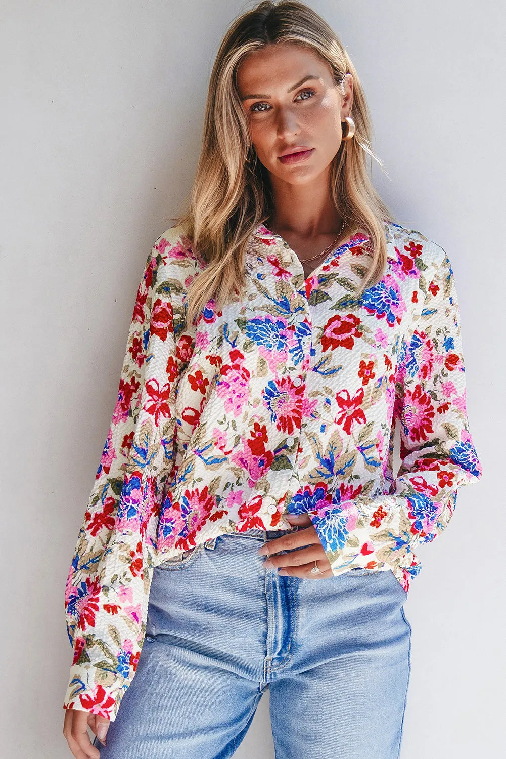 Red Floral Print Slim Fit Buttoned Turn Down Collar Shirt - Chic Meadow Boutique 