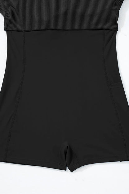 Black Sporty Ribbed Spaghetti Straps One Piece Swimdress - Chic Meadow Boutique 