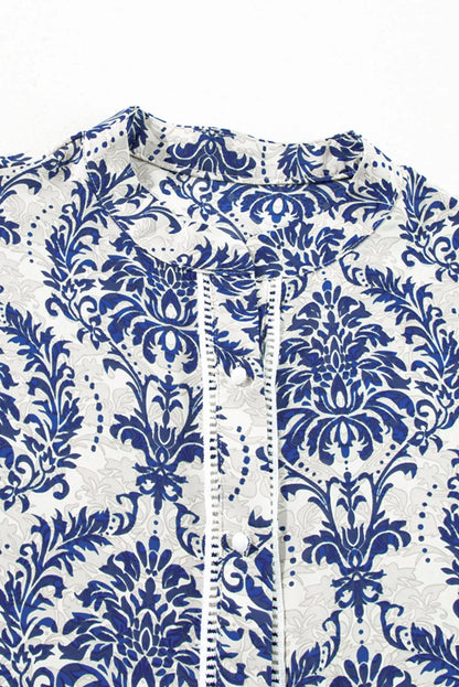 Sky Blue Tribal Pattern Print Notch Neck Buttoned Plus Size Shirt - Chic Meadow Boutique 