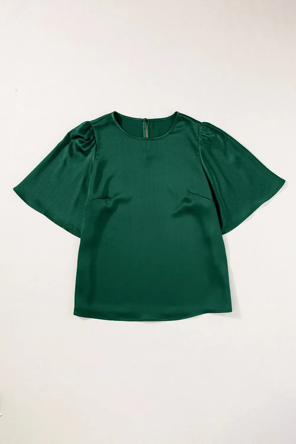 Blackish Green Solid Color Satin Keyhole Back Wide Sleeve Blouse - Chic Meadow Boutique 