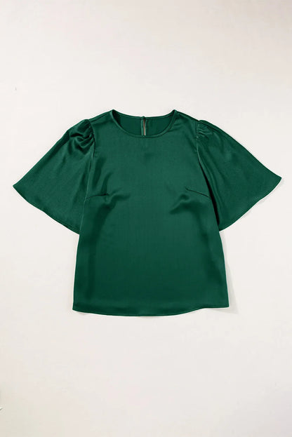 Blackish Green Solid Color Satin Keyhole Back Wide Sleeve Blouse - Chic Meadow Boutique 