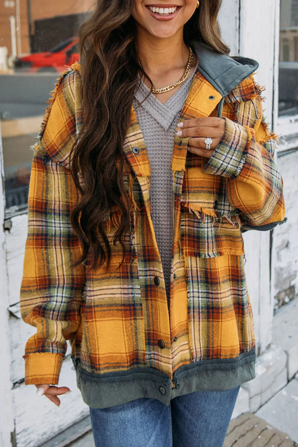 Orange Plaid Patch Hooded Frayed Snap Button Jacket - Chic Meadow Boutique 