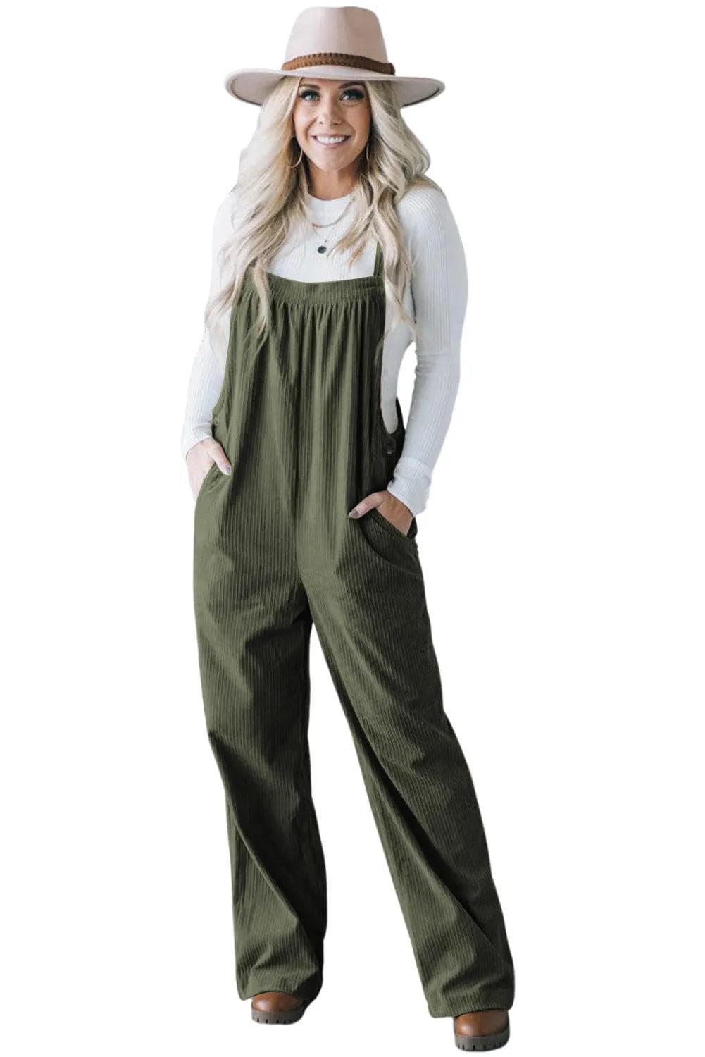 Bottoms/Jumpsuits & Rompers Jungle Green Solid Pocketed Loose Fit Corduroy Overall