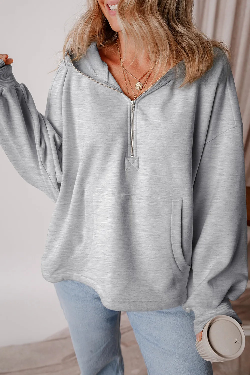 Light Grey Fleece Lined Half Zipper Kangaroo Pockets Loose Hoodie - Chic Meadow Boutique 