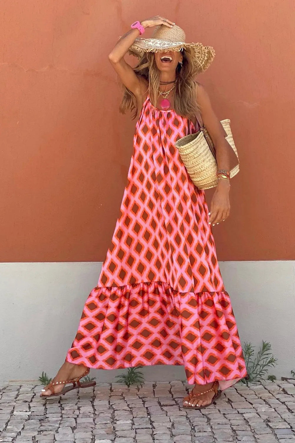 Fiery Red Geometric Print Loose Fit Sleeveless Maxi Dress - Chic Meadow Boutique 