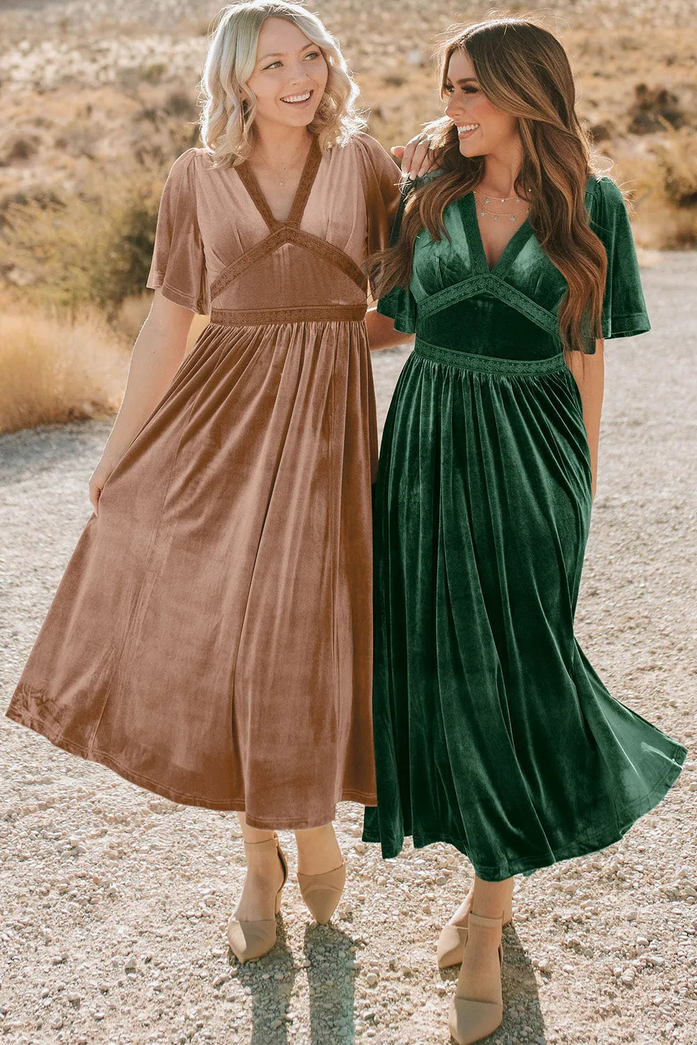 Chestnut Velvet Lacy V Neckline Short Sleeve Empire Waist Flowy Maxi Dress - Chic Meadow Boutique 