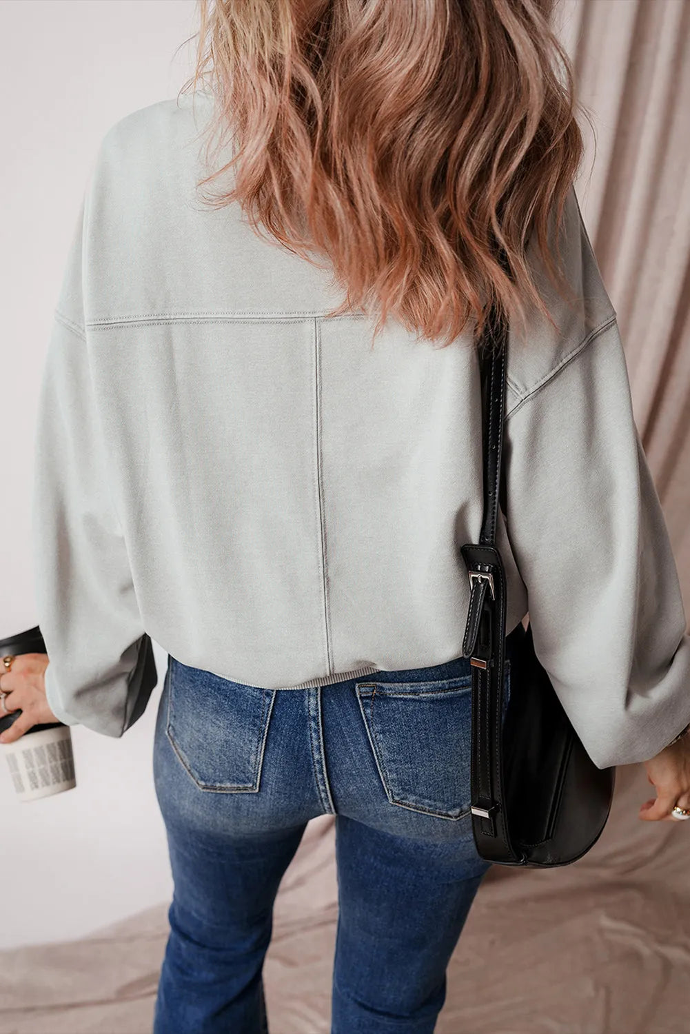 Gray Exposed Seam Batwing Sleeve Drop Shoulder Sweatshirt - Chic Meadow Boutique 