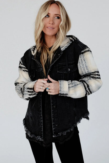 Black Plaid Sleeve Frayed Hem Hooded Denim Jacket - Chic Meadow Boutique 