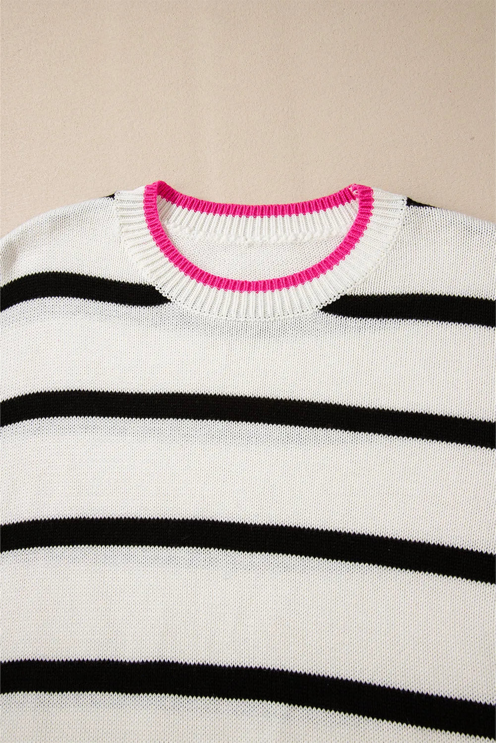 White Stripe Color Contrast Drop Shoulder Crew Neck Sweater - Chic Meadow Boutique 