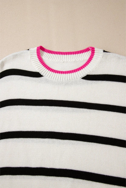 White Stripe Color Contrast Drop Shoulder Crew Neck Sweater - Chic Meadow Boutique 