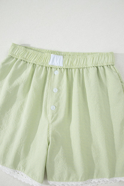 Green Gingham Plaid Button Detail Lace Trim Boxer Shorts