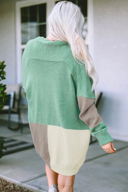 Green Colorblock Draped Open Front Chunky Cardigan - Chic Meadow Boutique 