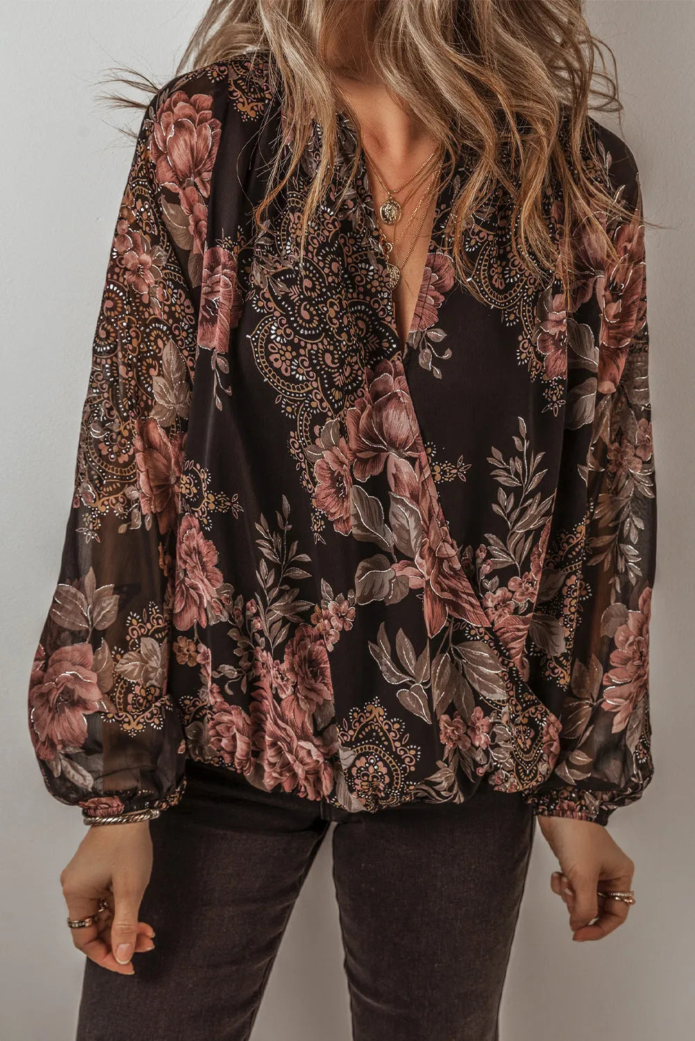 Black Floral Print Criss Cross V Neck Balloon Sleeve Blouse - Chic Meadow Boutique 