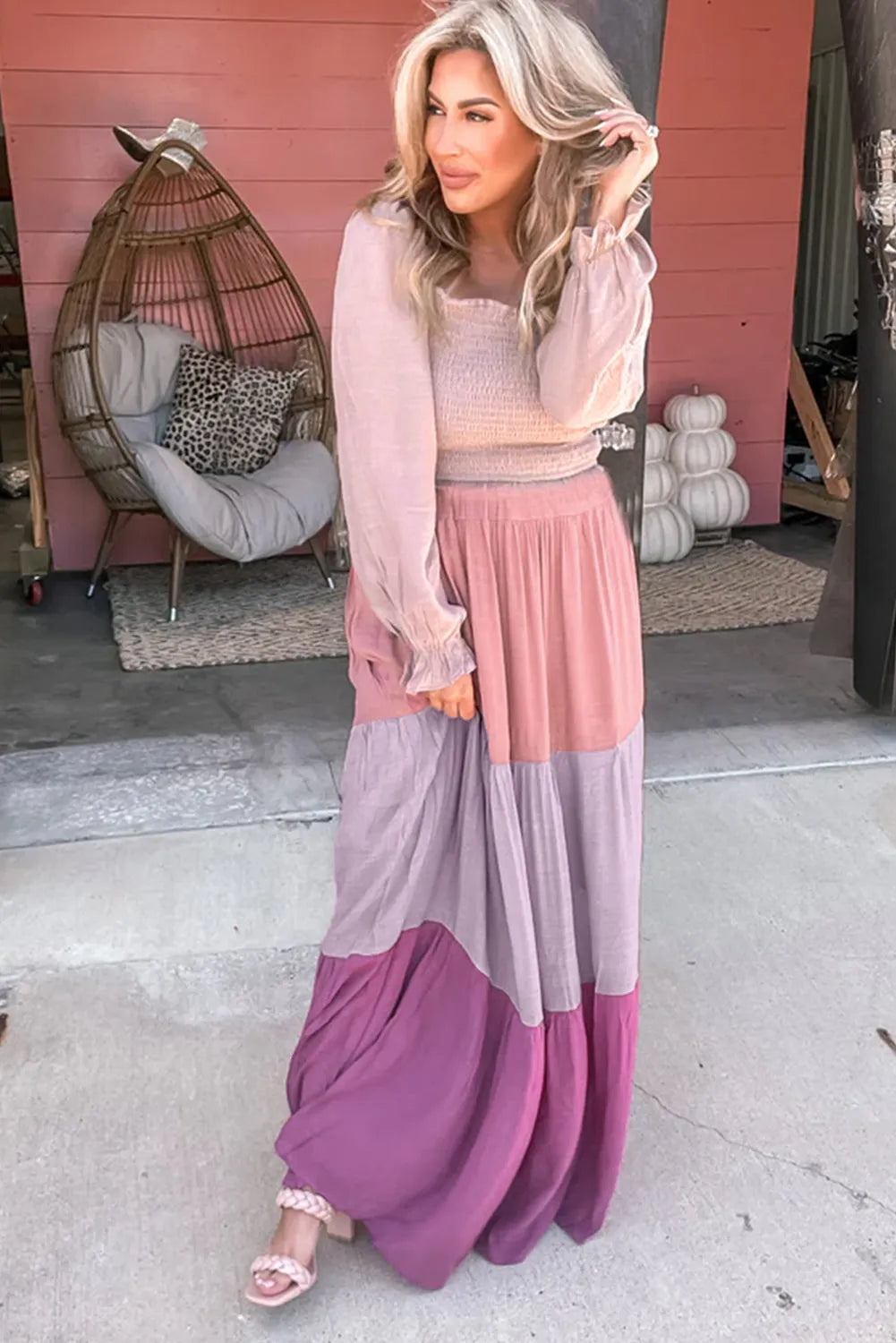 Multicolour Smocked Bubble Sleeve Colorblock Tiered Maxi Dress - Chic Meadow Boutique 