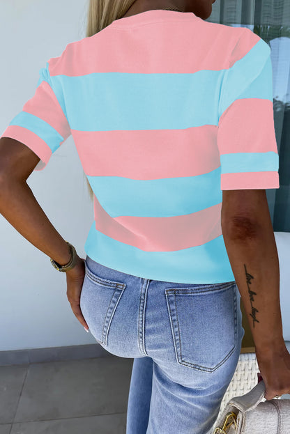 Pink Stripe Colorblock Striped Knitted T shirt