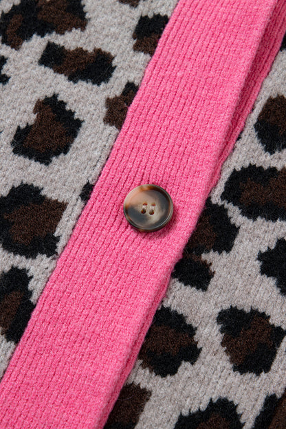 Khaki Oversize Color Block Trim Button Down Leopard Print Cardigan