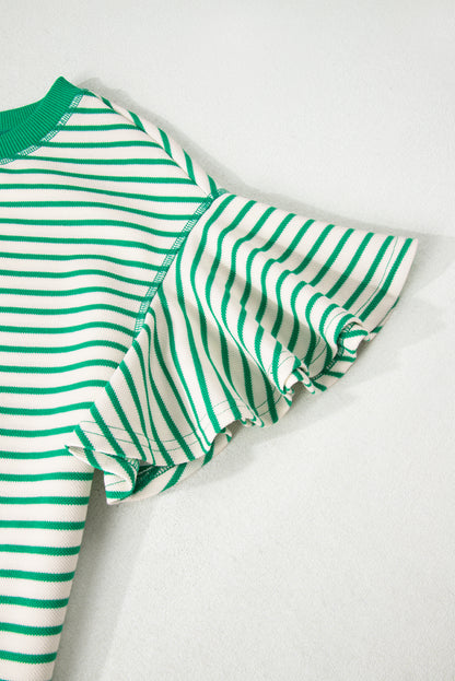 Bright Green Contrast Detail Striped Ruffle Short Sleeve Top