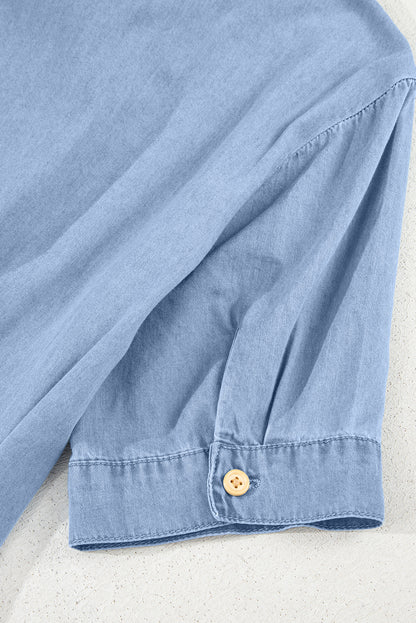 Myosotis Denim Pleated Slim Waist Short Sleeve Shirt Dress