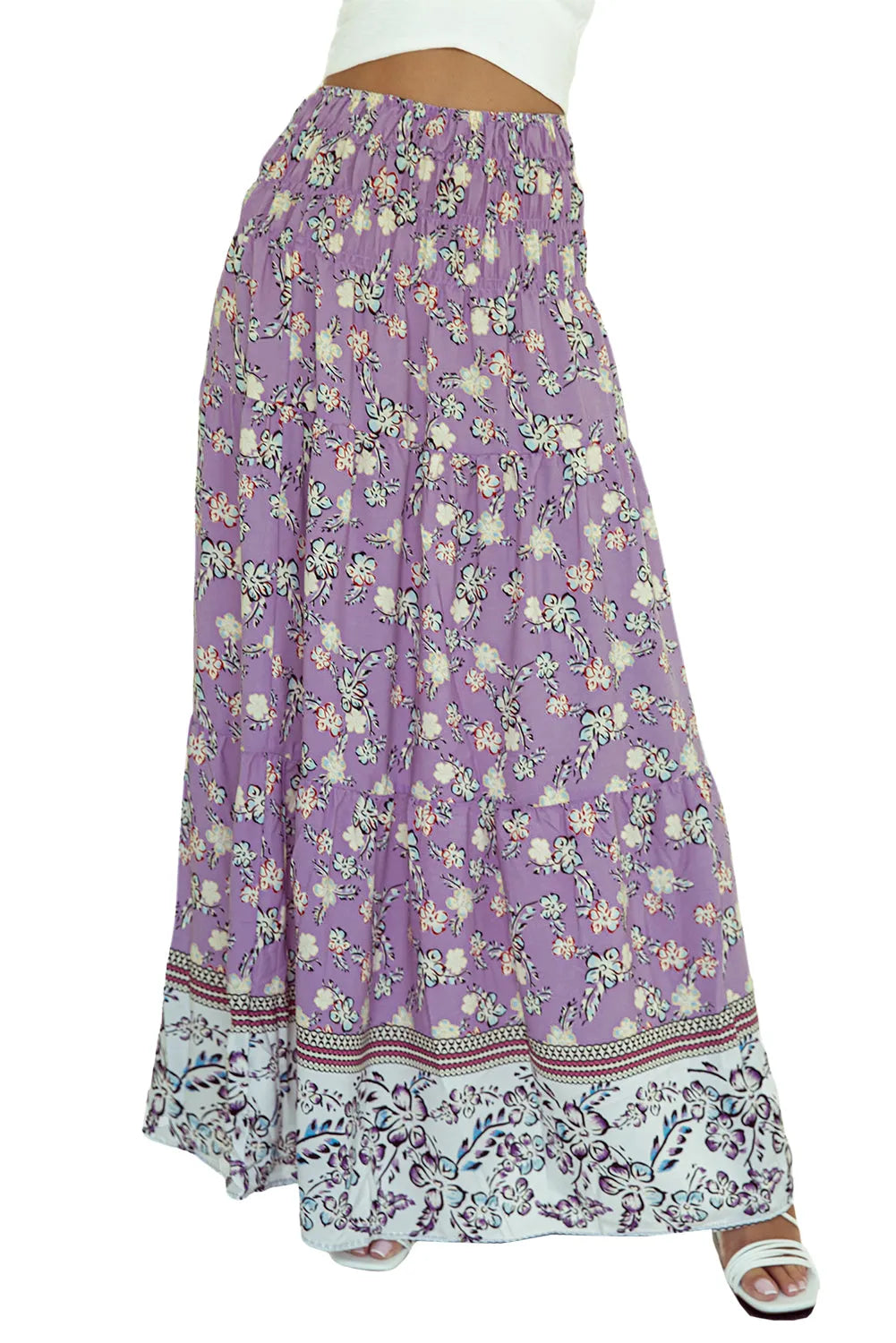 Purple Floral Print Shirred High Waist Maxi Skirt - Chic Meadow Boutique 