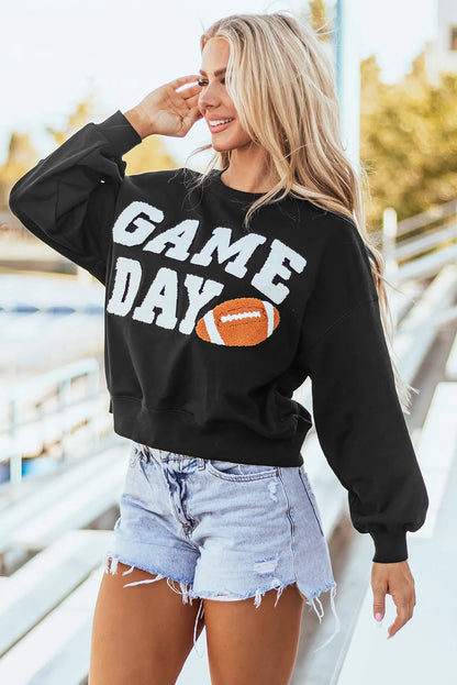 Black GAME DAY Graphic Varsity Pullover Sweatshirt - Chic Meadow Boutique 