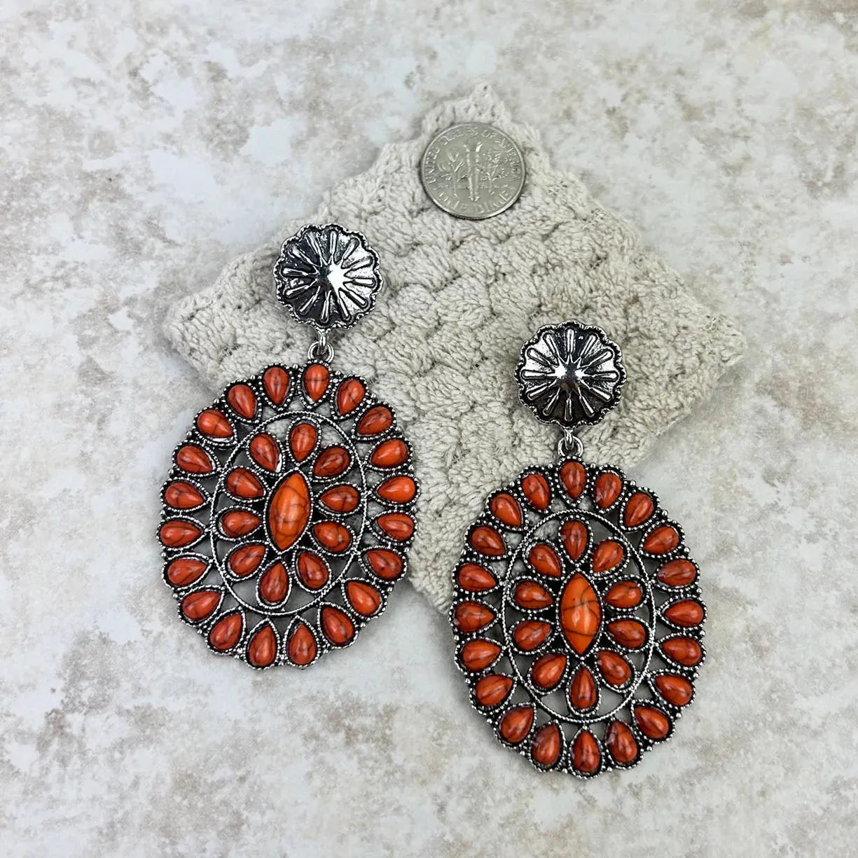 Natural Stone Oval Concho Earring - Orange - Chic Meadow Boutique 