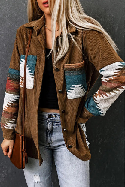 Khaki Aztec Pattern Corduroy Shacket - Chic Meadow Boutique 