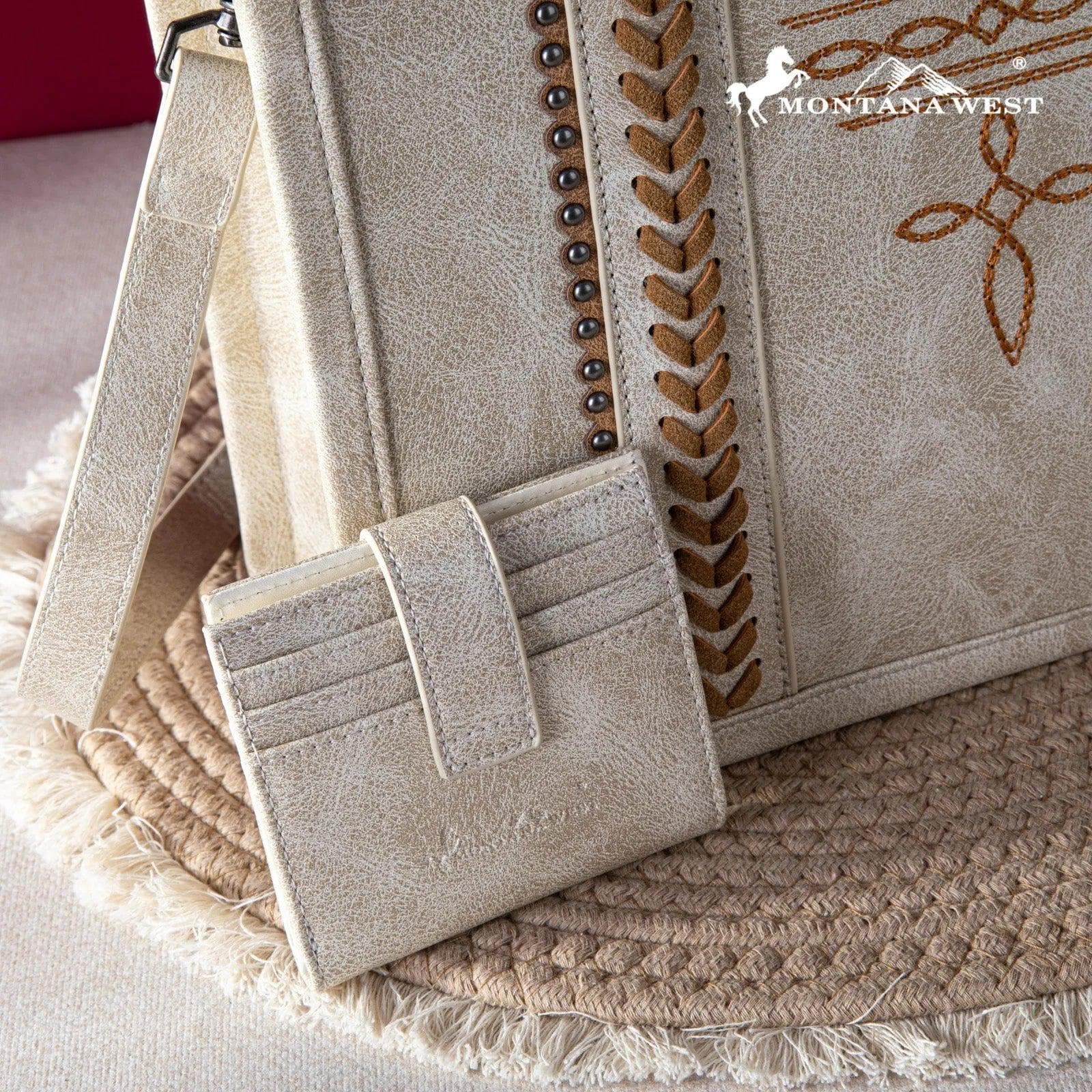 Montana West Whipstitch Tote With Matching Bi-Fold Wallet -Beige