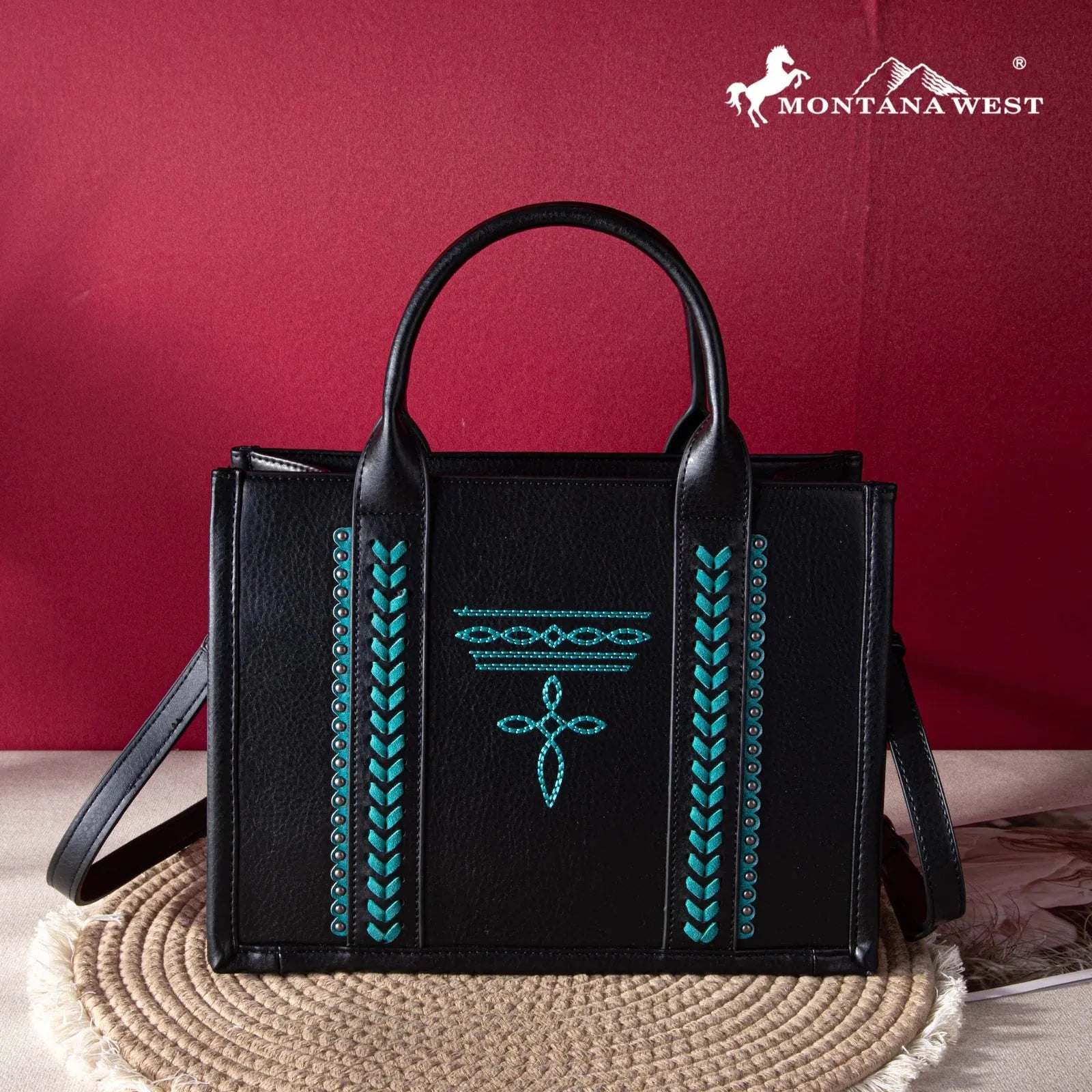 Montana West Whipstitch Tote With Matching Bi-Fold Wallet - Black-Turquoise - Chic Meadow Boutique 