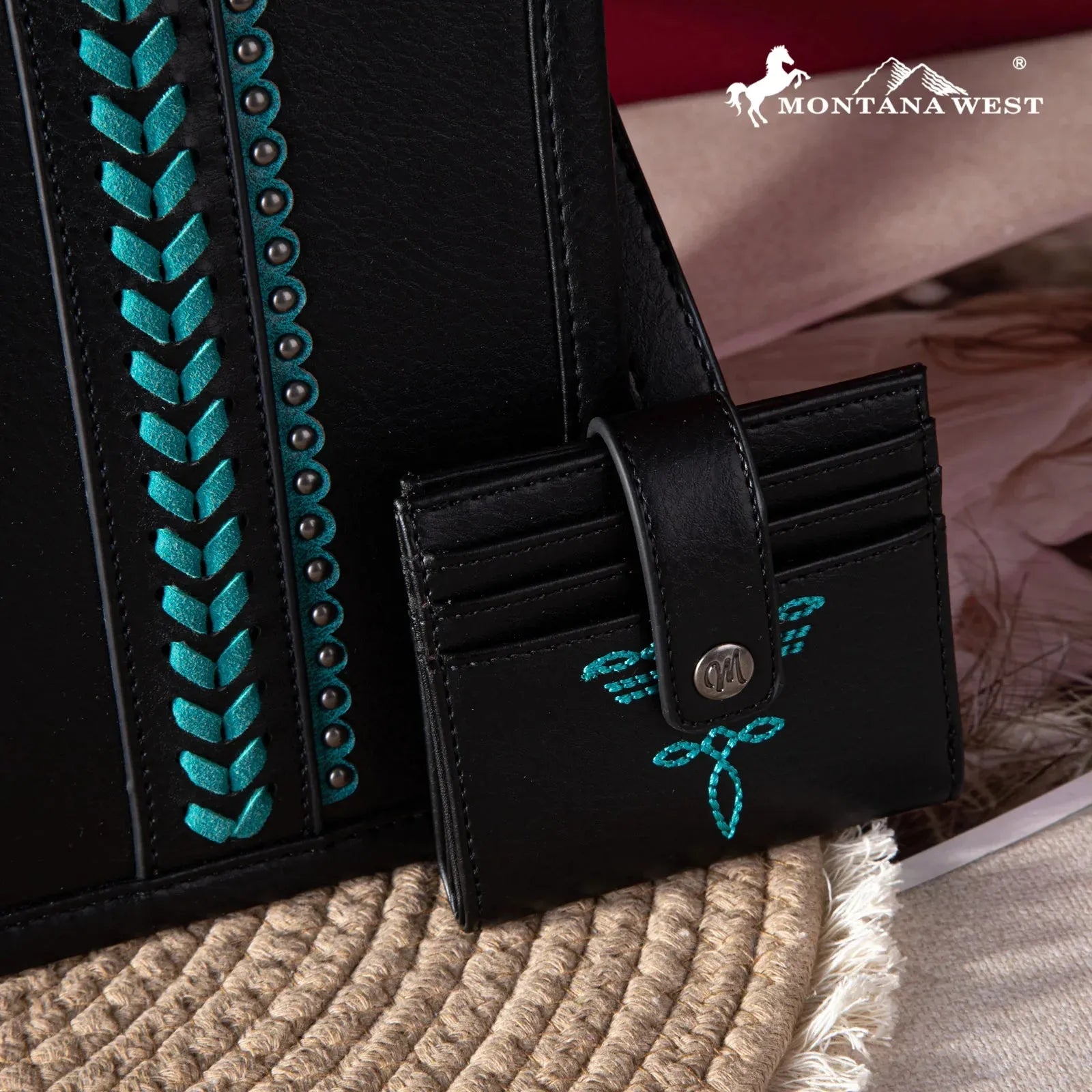 Montana West Whipstitch Tote With Matching Bi-Fold Wallet - Black-Turquoise - Chic Meadow Boutique 