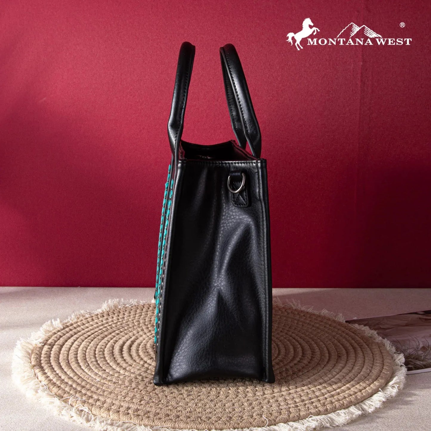 Montana West Whipstitch Tote With Matching Bi-Fold Wallet - Black-Turquoise - Chic Meadow Boutique 