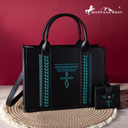 Montana West Whipstitch Tote With Matching Bi-Fold Wallet - Black-Turquoise - Chic Meadow Boutique 