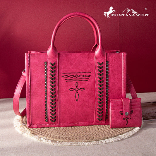 Montana West Whipstitch Tote With Matching Bi-Fold Wallet - Hot Pink