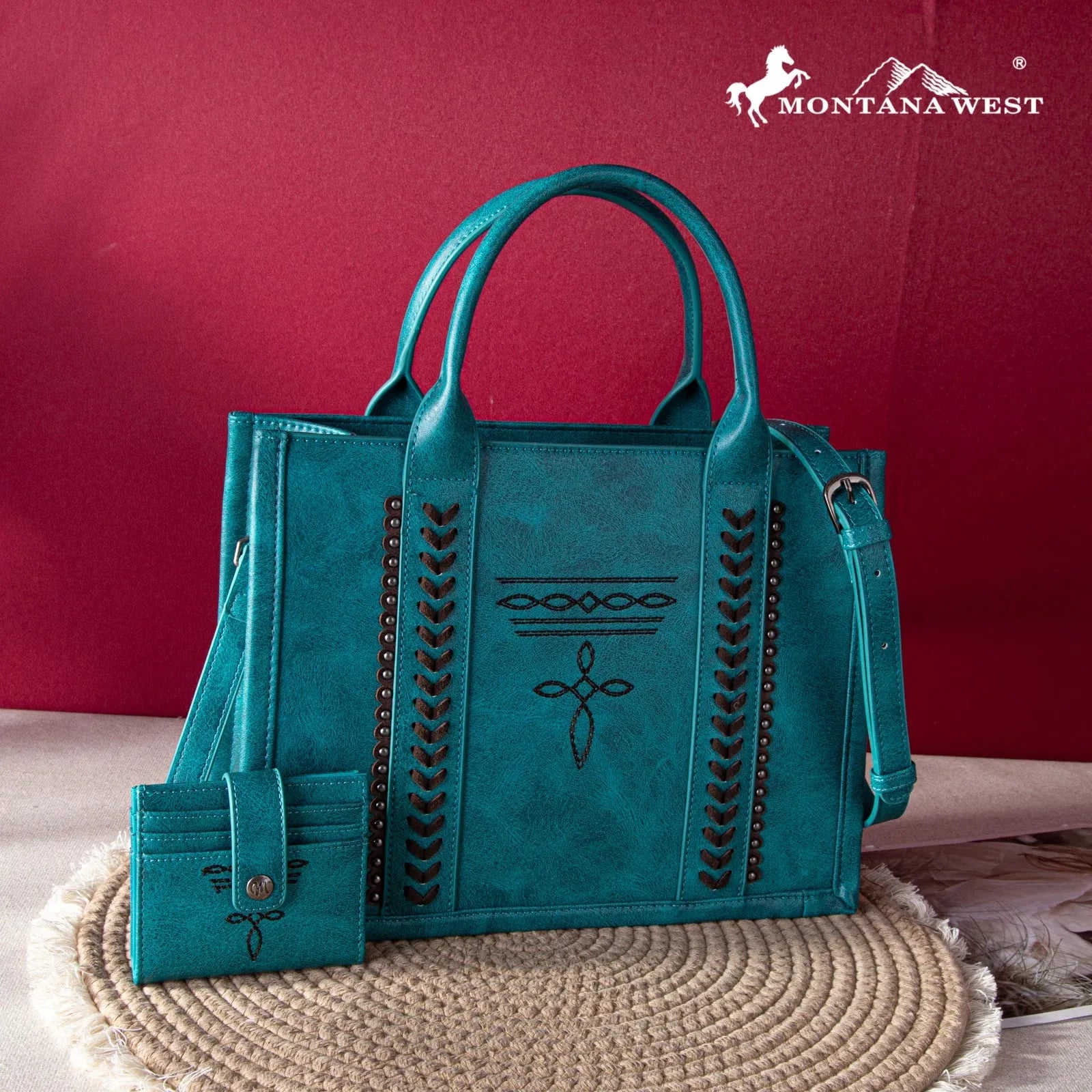 Montana West Whipstitch Tote With Matching Bi-Fold Wallet - Turquoise - Chic Meadow Boutique 