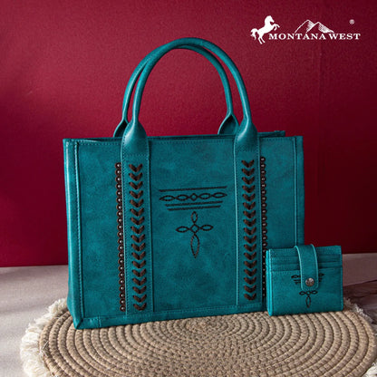 Montana West Whipstitch Tote With Matching Bi-Fold Wallet - Turquoise