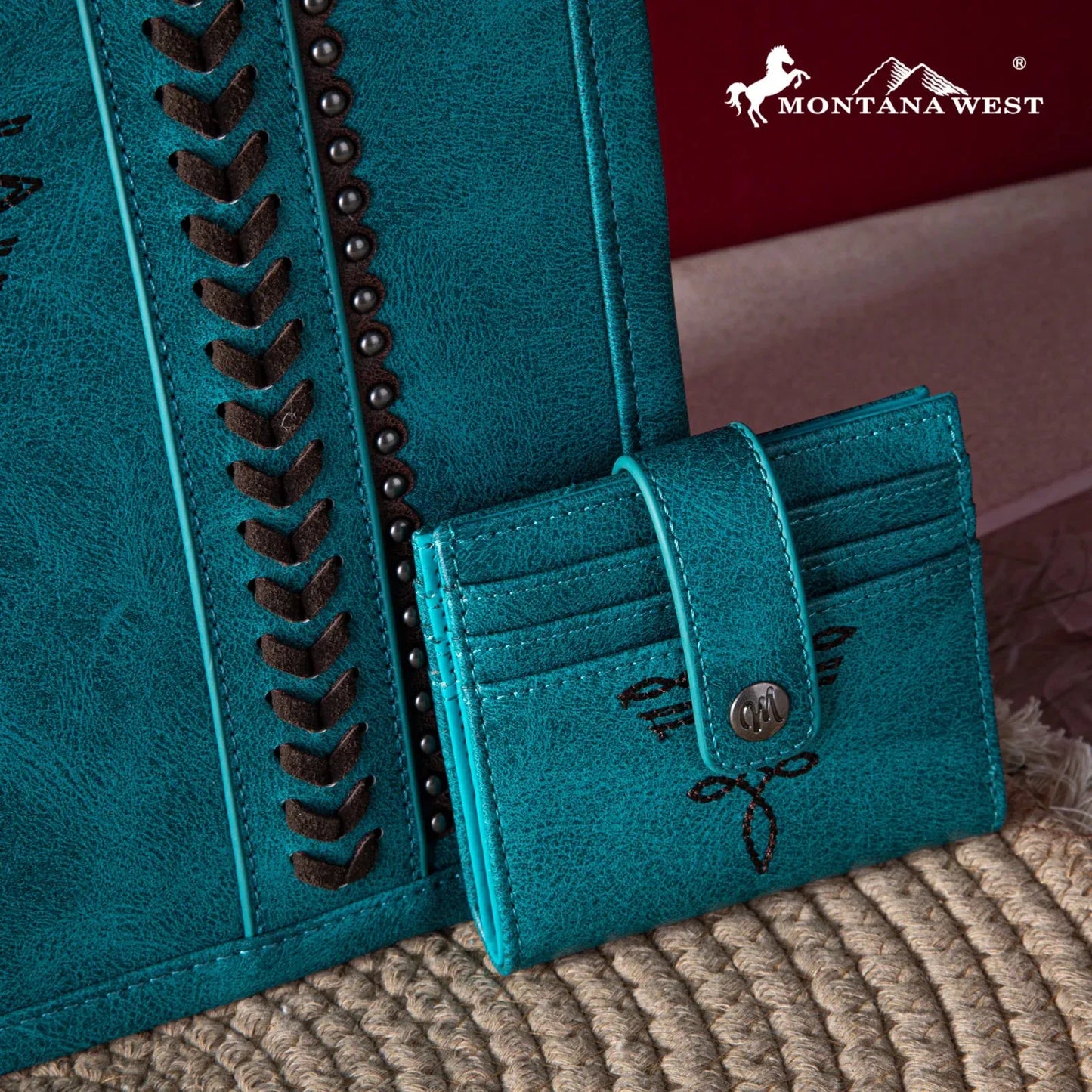 Montana West Whipstitch Tote With Matching Bi-Fold Wallet - Turquoise