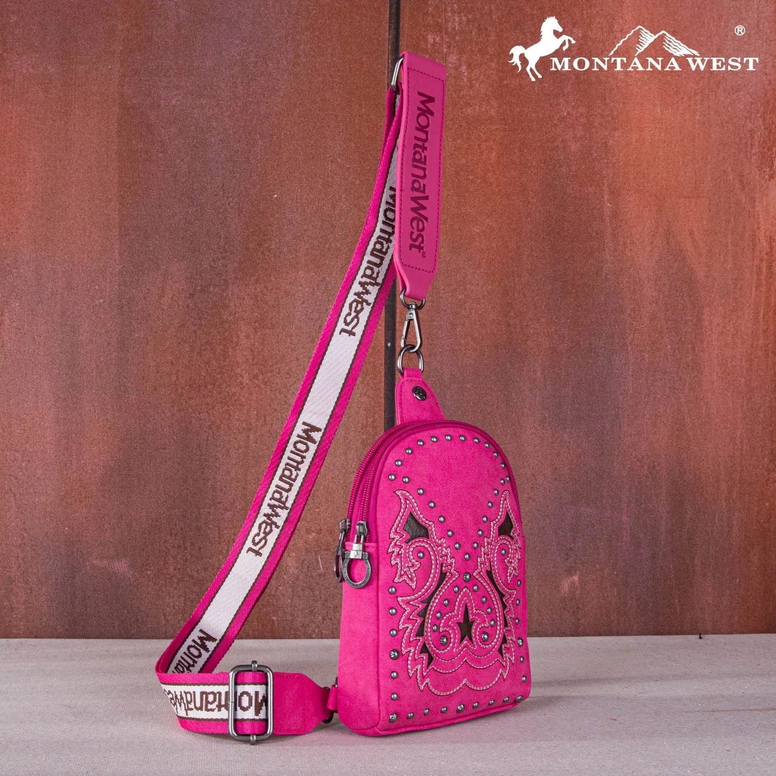 Montana West Embroidered Cut-out Boot Scroll Sling Bag - Hot Pink