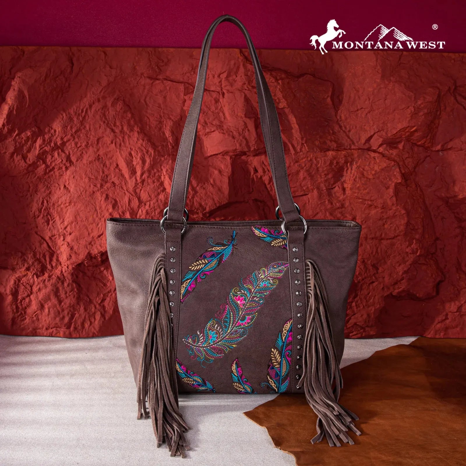 Montana West Embroidered Feather Collection Tote - Coffee - Chic Meadow Boutique 