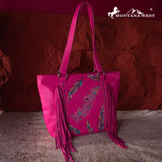 Montana West Embroidered Feather Collection Tote - Hot Pink