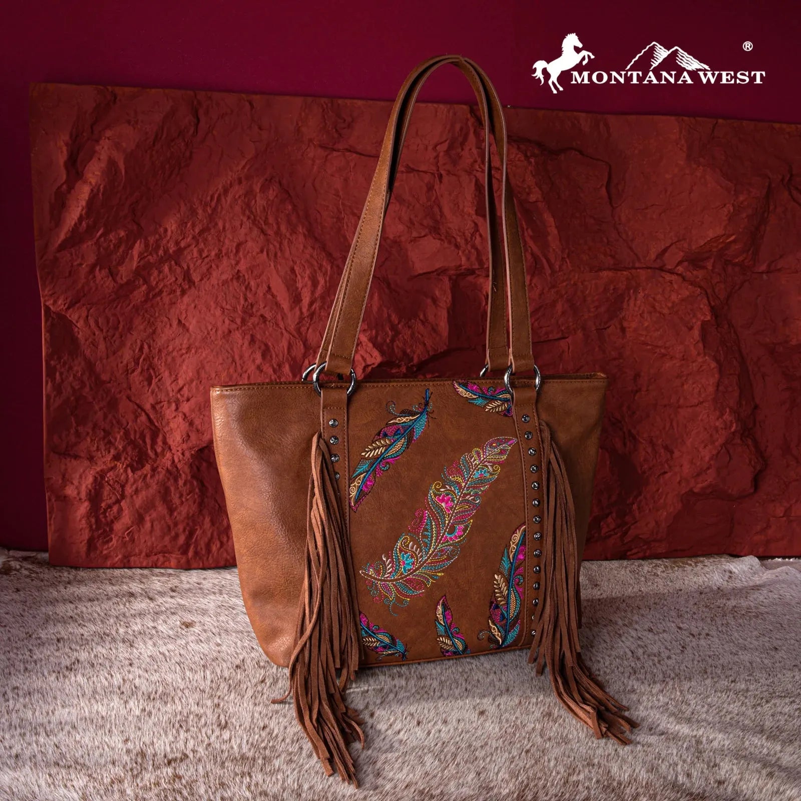 Montana West Embroidered Feather Collection Tote - Brown - Chic Meadow Boutique 