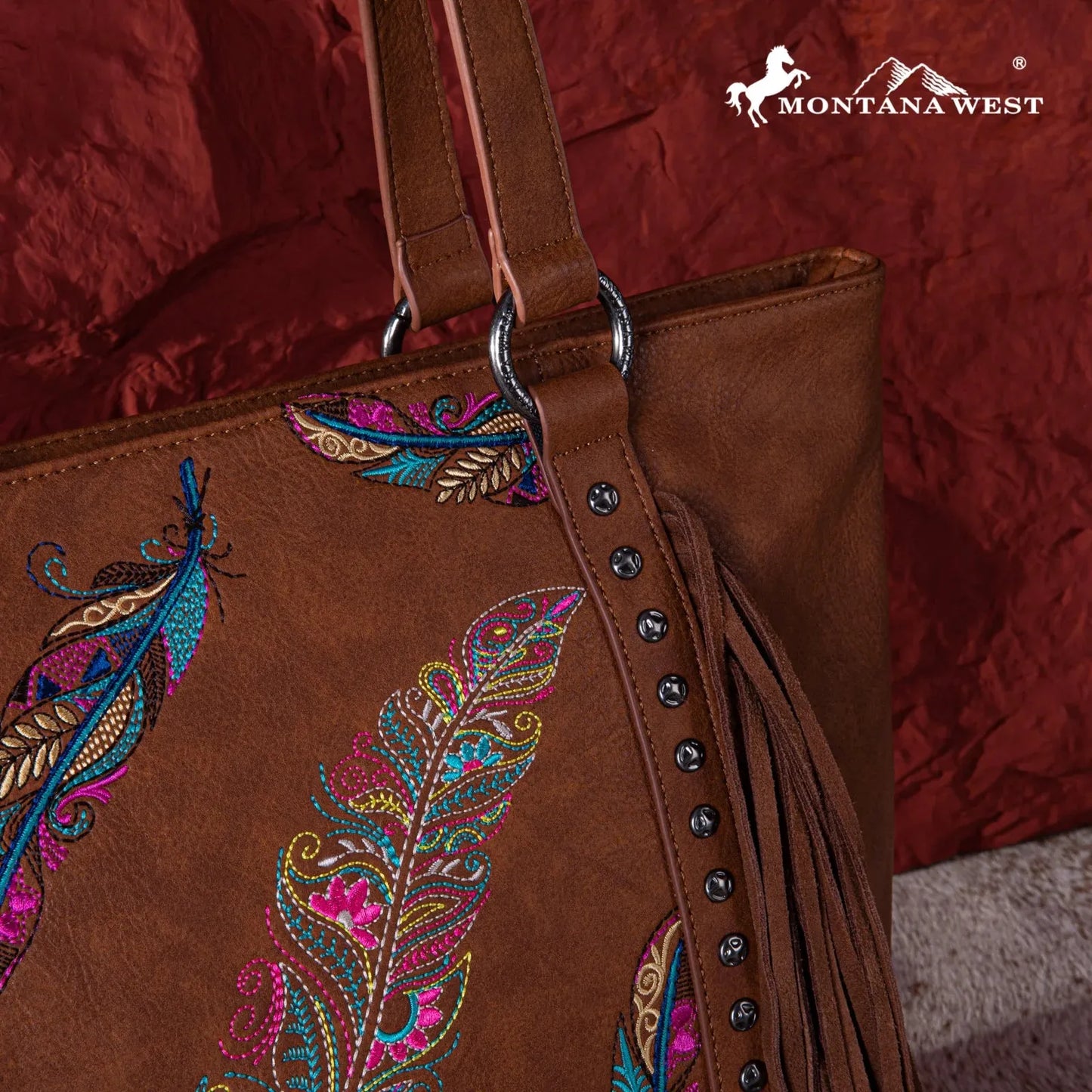 Montana West Embroidered Feather Collection Tote - Brown - Chic Meadow Boutique 