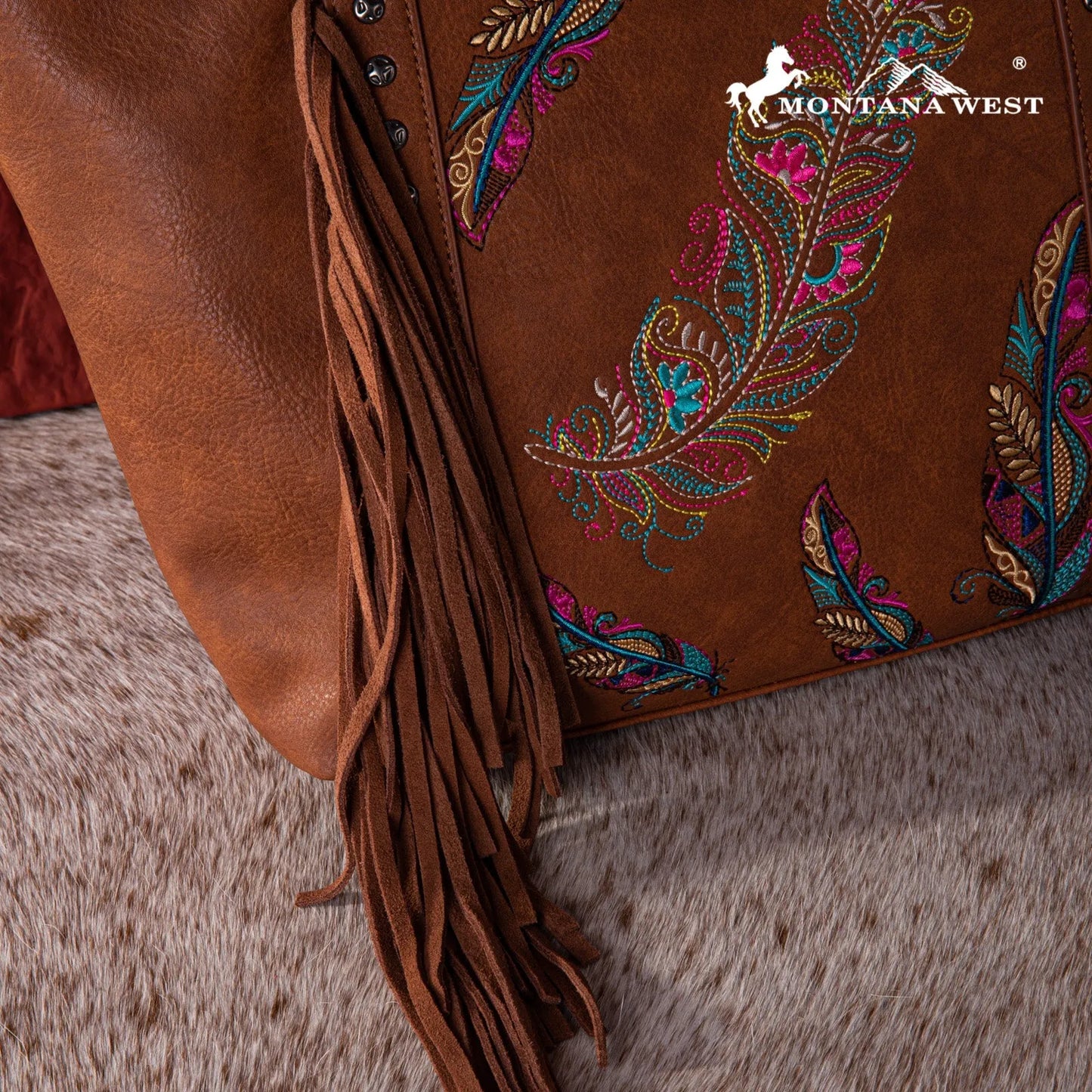 Montana West Embroidered Feather Collection Tote - Brown - Chic Meadow Boutique 