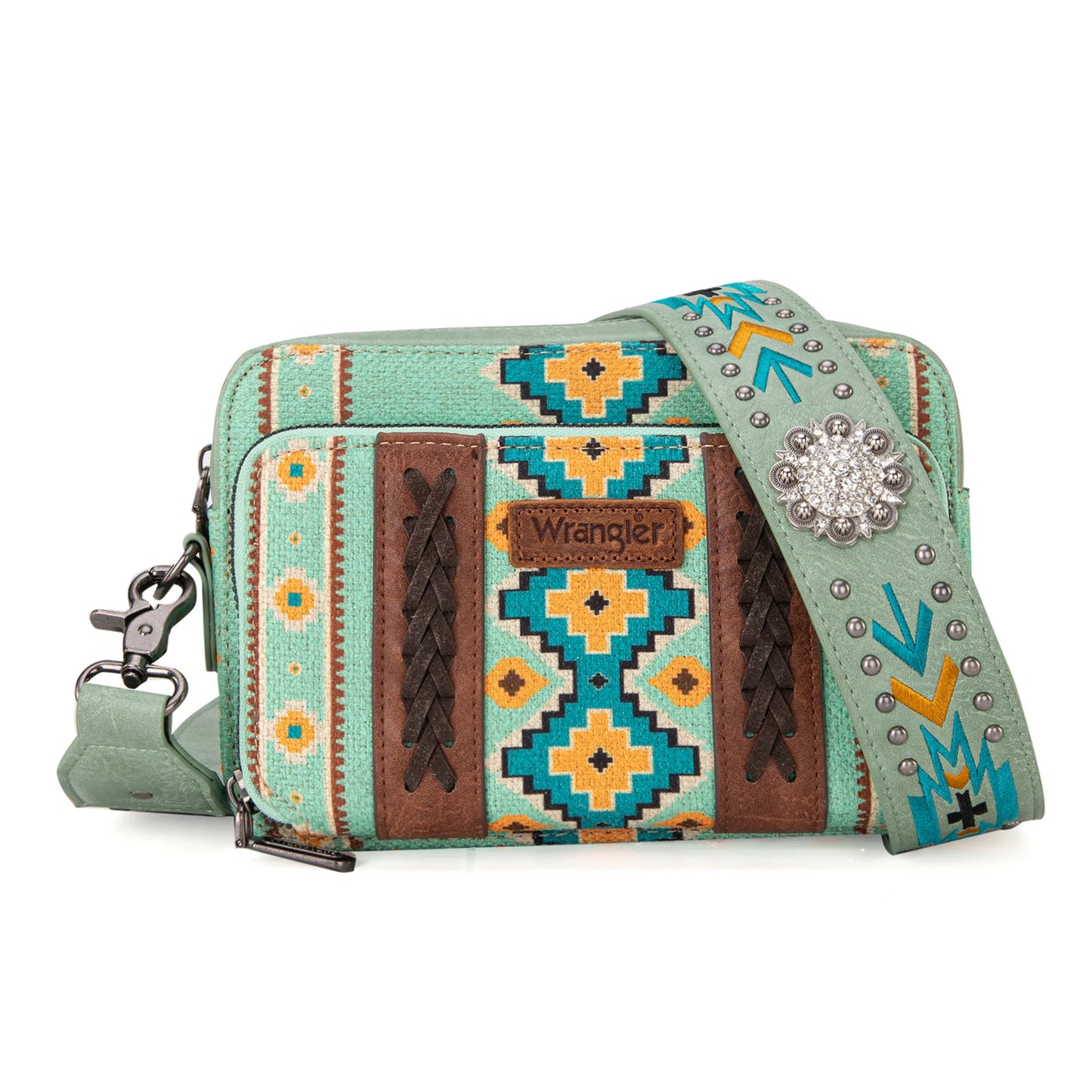 Wrangler Aztec Printed Crossbody Purse With Wallet Compartment - Green