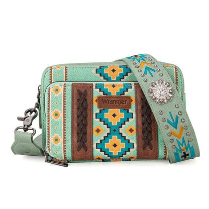 Wrangler Aztec Printed Crossbody Purse With Wallet Compartment - Green