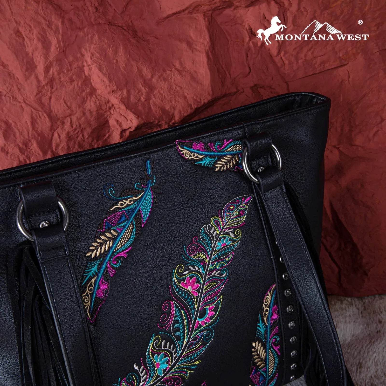 Montana West Embroidered Feather Collection Tote - Black