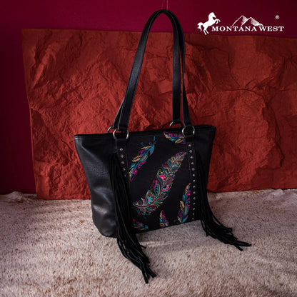 Montana West Embroidered Feather Collection Tote - Black