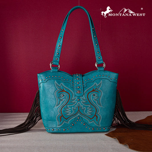 Montana West Embroidered Fringe Collection Boot Purse Tote - Turquoise