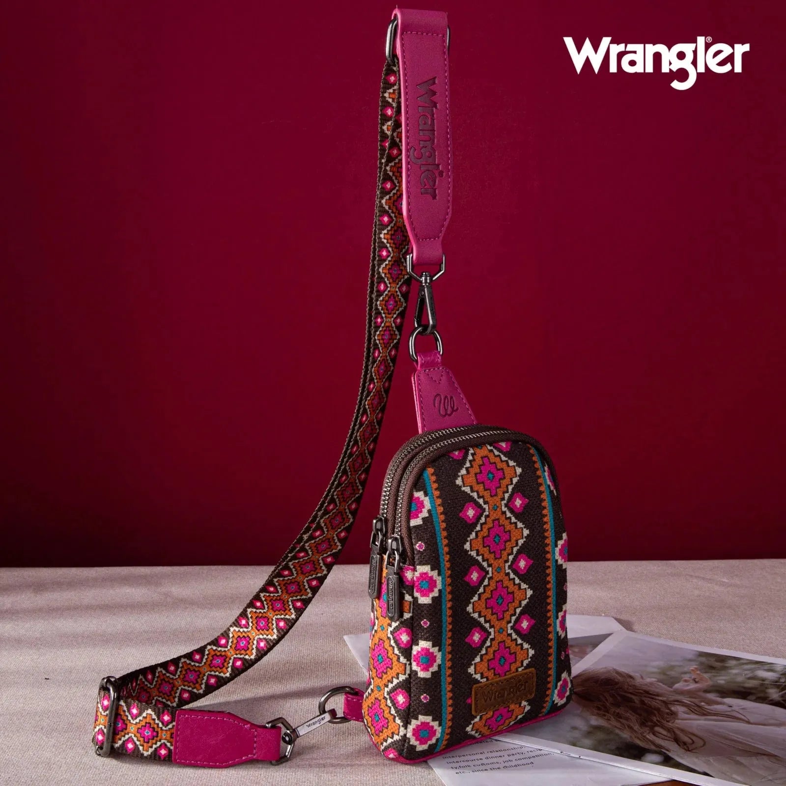 Wrangler Aztec Print Crossbody Sling Chest Bag - Hot Pink - Chic Meadow Boutique 