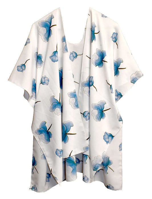 White / Blue Flowers Short Kimono 28" Length