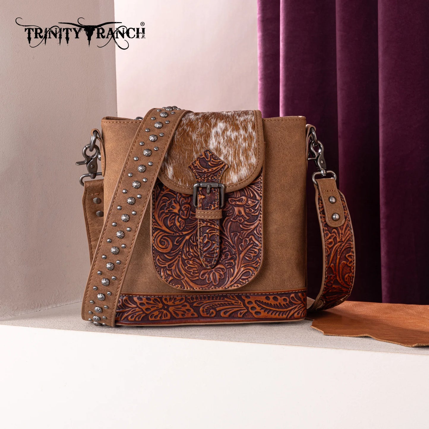 Trinity Ranch Genuine Hair-On Cowhide Crossbody Bag- Brown