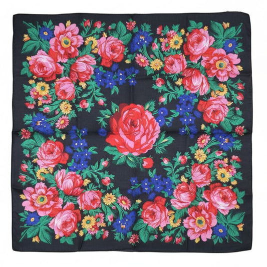 Black Kokum Floral Design Scarf – Silk Touch - 30x30 inches - Chic Meadow Boutique